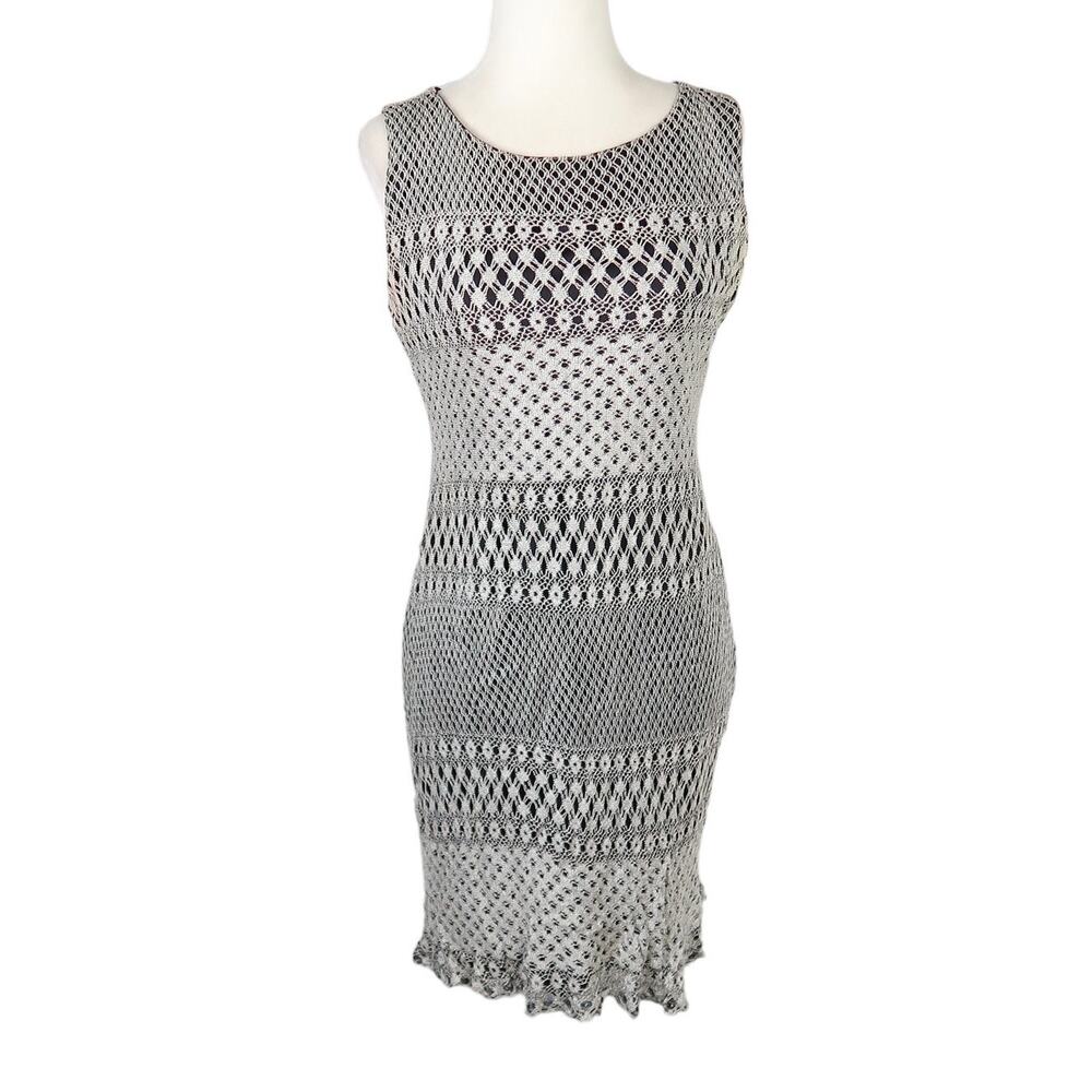 Vintage 90s Dawn Joy metallic tan lace and black mini tank dress 6
